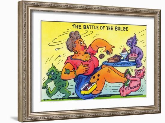 Comic Cartoon - The Battle of the Bulge; Woman Eating Snacks-Lantern Press-Framed Art Print