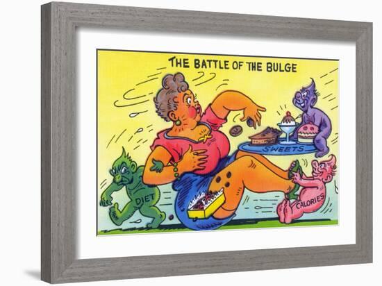 Comic Cartoon - The Battle of the Bulge; Woman Eating Snacks-Lantern Press-Framed Art Print