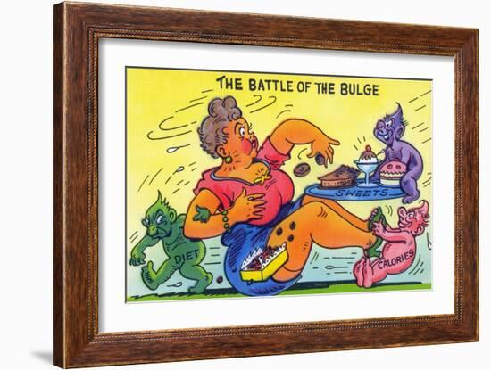 Comic Cartoon - The Battle of the Bulge; Woman Eating Snacks-Lantern Press-Framed Art Print