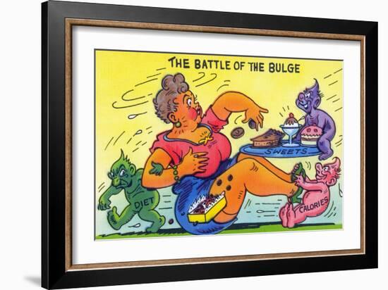 Comic Cartoon - The Battle of the Bulge; Woman Eating Snacks-Lantern Press-Framed Art Print