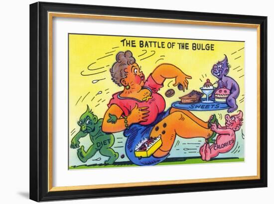 Comic Cartoon - The Battle of the Bulge; Woman Eating Snacks-Lantern Press-Framed Art Print