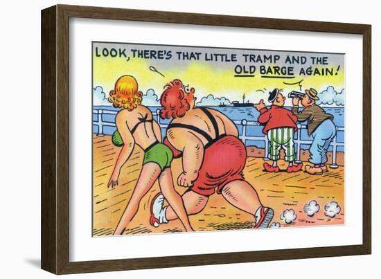 Comic Cartoon - Thin and Fat Ladies Walking on Dock; Little Tramp and Old Barge-Lantern Press-Framed Art Print