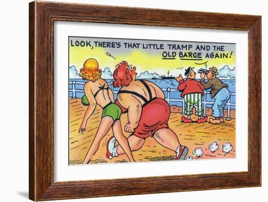 Comic Cartoon - Thin and Fat Ladies Walking on Dock; Little Tramp and Old Barge-Lantern Press-Framed Art Print