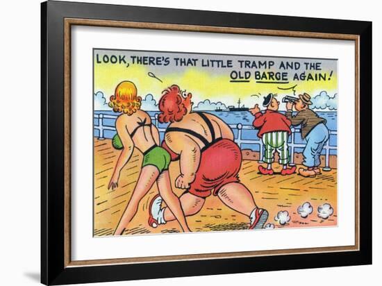 Comic Cartoon - Thin and Fat Ladies Walking on Dock; Little Tramp and Old Barge-Lantern Press-Framed Art Print