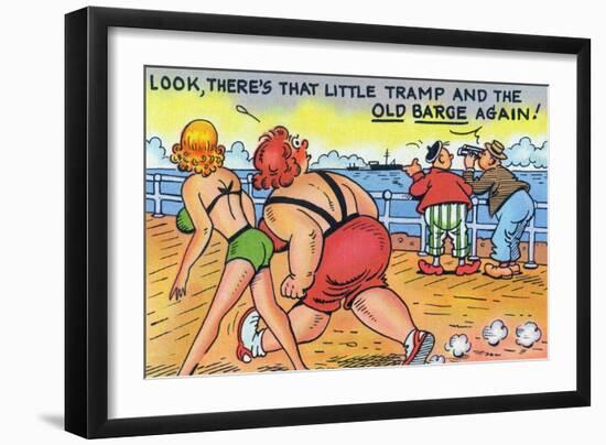 Comic Cartoon - Thin and Fat Ladies Walking on Dock; Little Tramp and Old Barge-Lantern Press-Framed Art Print