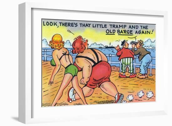 Comic Cartoon - Thin and Fat Ladies Walking on Dock; Little Tramp and Old Barge-Lantern Press-Framed Art Print