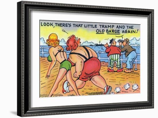 Comic Cartoon - Thin and Fat Ladies Walking on Dock; Little Tramp and Old Barge-Lantern Press-Framed Art Print