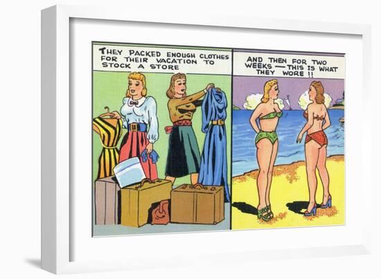 Comic Cartoon - Women Pack Too Much, Then Wear Too Little-Lantern Press-Framed Art Print