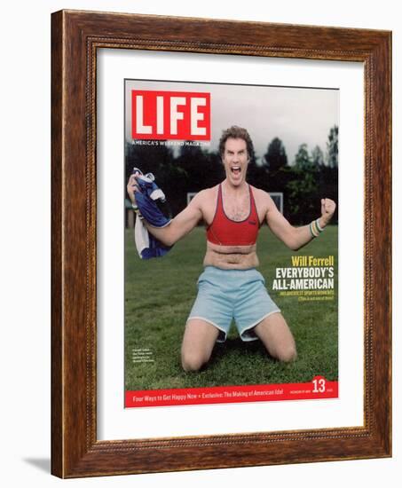 Comic Will Ferrell Outside in Freeway Park Doing a Bad Imitation of Brandi Chastain, May 13, 2005-Jeff Riedel-Framed Photographic Print