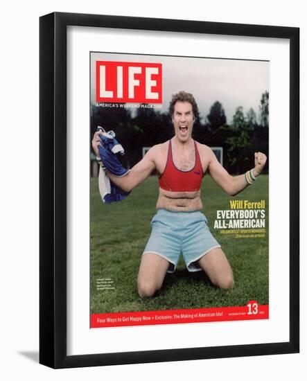 Comic Will Ferrell Outside in Freeway Park Doing a Bad Imitation of Brandi Chastain, May 13, 2005-Jeff Riedel-Framed Photographic Print