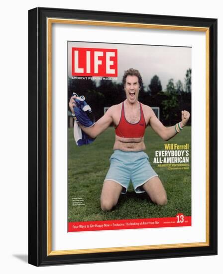 Comic Will Ferrell Outside in Freeway Park Doing a Bad Imitation of Brandi Chastain, May 13, 2005-Jeff Riedel-Framed Photographic Print