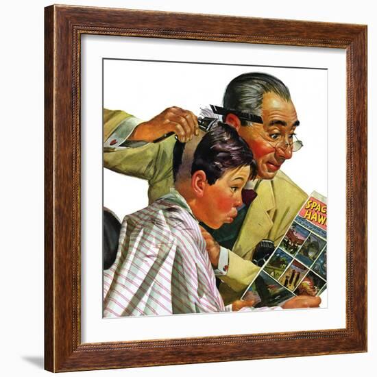 "Comical Haircut," February 27, 1943-Howard Scott-Framed Giclee Print