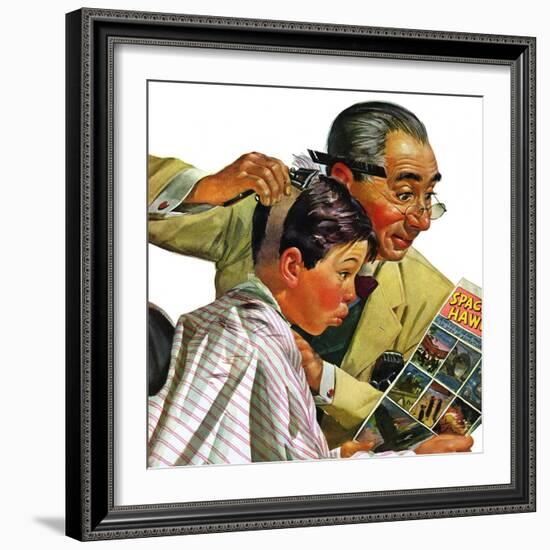 "Comical Haircut," February 27, 1943-Howard Scott-Framed Giclee Print