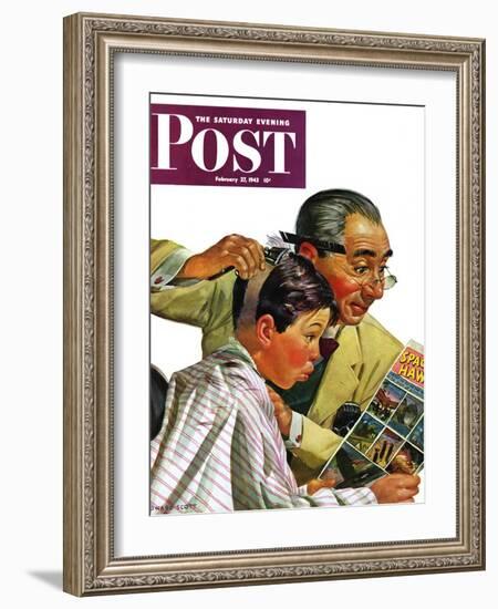 "Comical Haircut," Saturday Evening Post Cover, February 27, 1943-Howard Scott-Framed Giclee Print