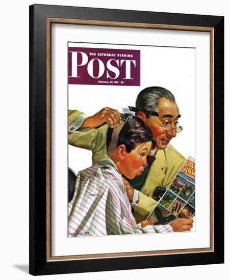 "Comical Haircut," Saturday Evening Post Cover, February 27, 1943-Howard Scott-Framed Giclee Print