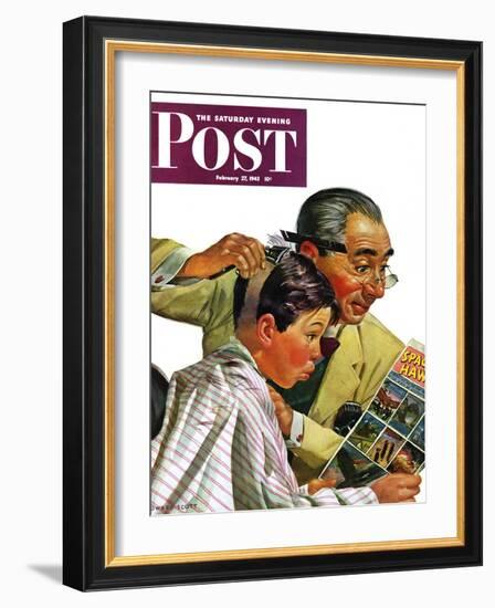"Comical Haircut," Saturday Evening Post Cover, February 27, 1943-Howard Scott-Framed Giclee Print