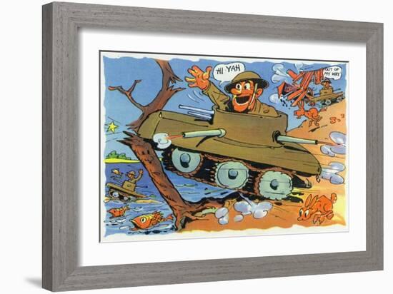 Comical Military Cartoon - Soldiers in Tanks Creating Chaos, c.1942-Lantern Press-Framed Art Print