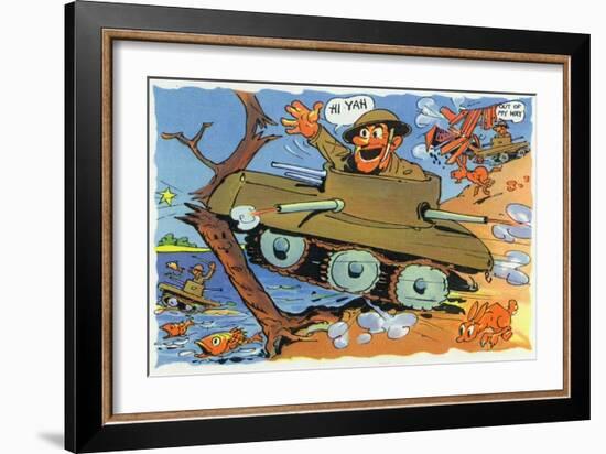 Comical Military Cartoon - Soldiers in Tanks Creating Chaos, c.1942-Lantern Press-Framed Art Print