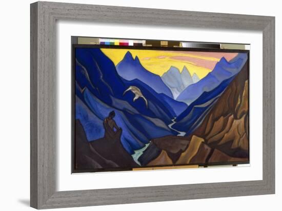 Commandements Du Maitre. (Command of the Master). Un Homme, Assis En Meditation Dans Un Paysage Mon-Nicholas Roerich-Framed Giclee Print