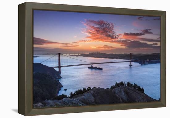 Commercial Ship Leaves San Francisco Bay Beneath The Golden Gate Bridge At Sunrise-Joe Azure-Framed Premier Image Canvas