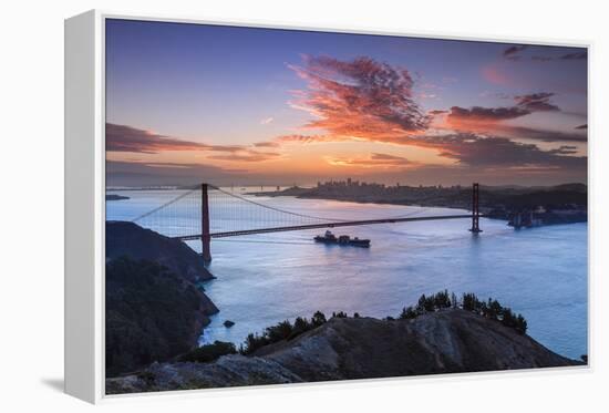 Commercial Ship Leaves San Francisco Bay Beneath The Golden Gate Bridge At Sunrise-Joe Azure-Framed Premier Image Canvas