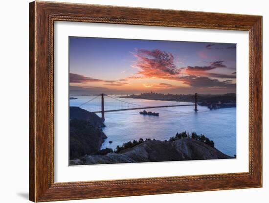 Commercial Ship Leaves San Francisco Bay Beneath The Golden Gate Bridge At Sunrise-Joe Azure-Framed Photographic Print