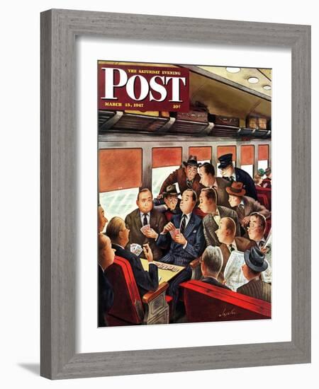 "Commuter Card Game," Saturday Evening Post Cover, March 15, 1947-Constantin Alajalov-Framed Giclee Print