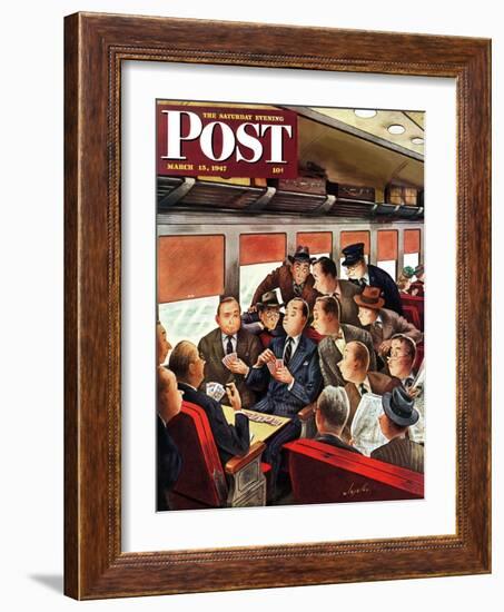 "Commuter Card Game," Saturday Evening Post Cover, March 15, 1947-Constantin Alajalov-Framed Giclee Print