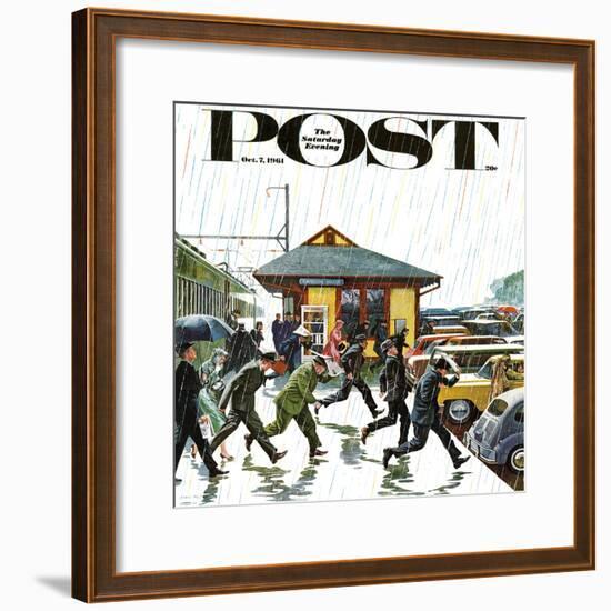 "Commuters in the Rain," Saturday Evening Post Cover, October 7, 1961-John Falter-Framed Premium Giclee Print