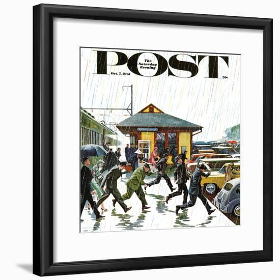 "Commuters in the Rain," Saturday Evening Post Cover, October 7, 1961-John Falter-Framed Premium Giclee Print