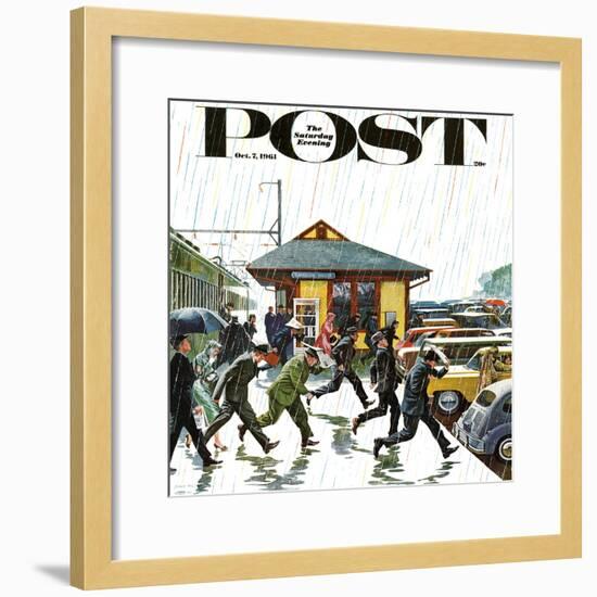 "Commuters in the Rain," Saturday Evening Post Cover, October 7, 1961-John Falter-Framed Premium Giclee Print