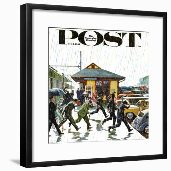 "Commuters in the Rain," Saturday Evening Post Cover, October 7, 1961-John Falter-Framed Premium Giclee Print