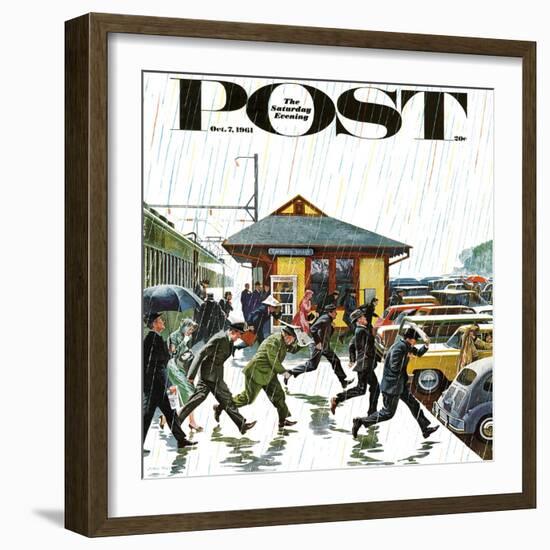 "Commuters in the Rain," Saturday Evening Post Cover, October 7, 1961-John Falter-Framed Premium Giclee Print