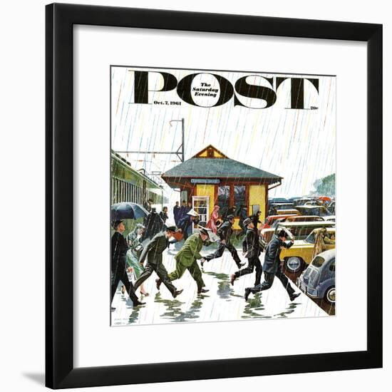 "Commuters in the Rain," Saturday Evening Post Cover, October 7, 1961-John Falter-Framed Premium Giclee Print