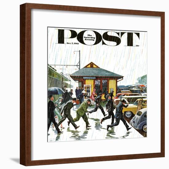 "Commuters in the Rain," Saturday Evening Post Cover, October 7, 1961-John Falter-Framed Premium Giclee Print