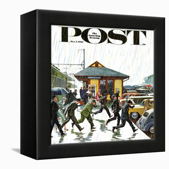 "Commuters in the Rain," Saturday Evening Post Cover, October 7, 1961-John Falter-Framed Premier Image Canvas