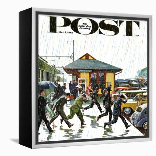 "Commuters in the Rain," Saturday Evening Post Cover, October 7, 1961-John Falter-Framed Premier Image Canvas