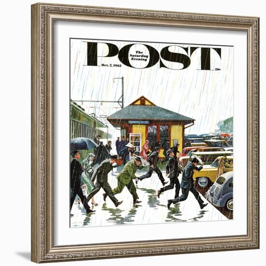 "Commuters in the Rain," Saturday Evening Post Cover, October 7, 1961-John Falter-Framed Giclee Print