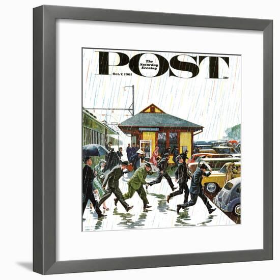 "Commuters in the Rain," Saturday Evening Post Cover, October 7, 1961-John Falter-Framed Giclee Print