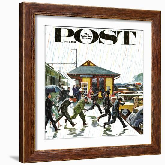 "Commuters in the Rain," Saturday Evening Post Cover, October 7, 1961-John Falter-Framed Giclee Print