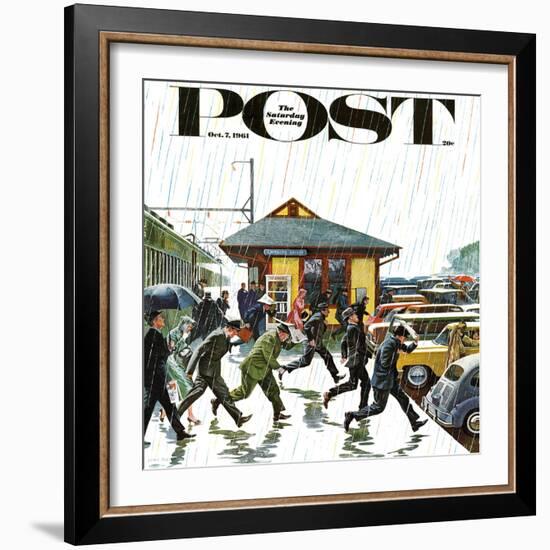 "Commuters in the Rain," Saturday Evening Post Cover, October 7, 1961-John Falter-Framed Giclee Print