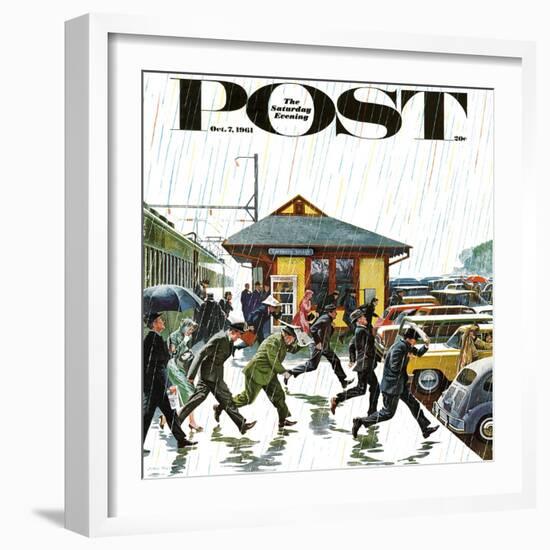 "Commuters in the Rain," Saturday Evening Post Cover, October 7, 1961-John Falter-Framed Giclee Print