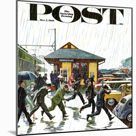 "Commuters in the Rain," Saturday Evening Post Cover, October 7, 1961-John Falter-Mounted Giclee Print