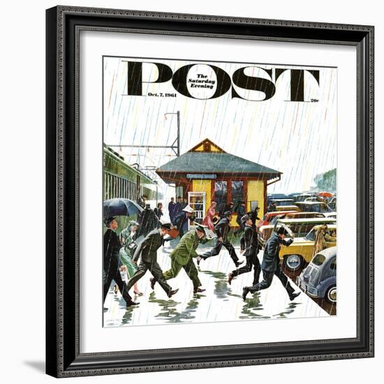 "Commuters in the Rain," Saturday Evening Post Cover, October 7, 1961-John Falter-Framed Giclee Print