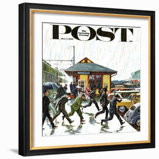 "Commuters in the Rain," Saturday Evening Post Cover, October 7, 1961-John Falter-Framed Giclee Print