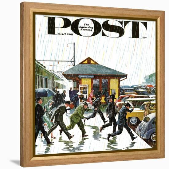 "Commuters in the Rain," Saturday Evening Post Cover, October 7, 1961-John Falter-Framed Premier Image Canvas