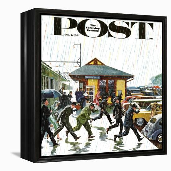 "Commuters in the Rain," Saturday Evening Post Cover, October 7, 1961-John Falter-Framed Premier Image Canvas