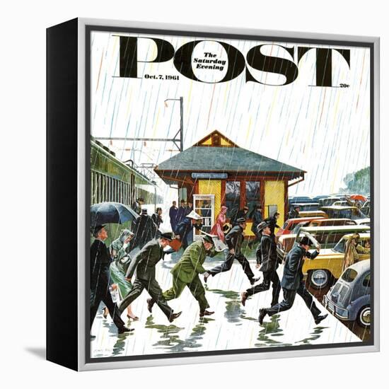 "Commuters in the Rain," Saturday Evening Post Cover, October 7, 1961-John Falter-Framed Premier Image Canvas