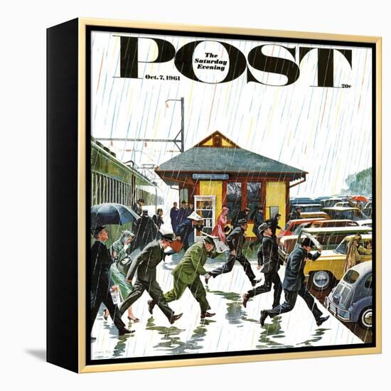 "Commuters in the Rain," Saturday Evening Post Cover, October 7, 1961-John Falter-Framed Premier Image Canvas