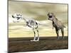 Comparison of Tyrannosaurus Rex Standing Next to its Fossil Skeleton-null-Mounted Art Print